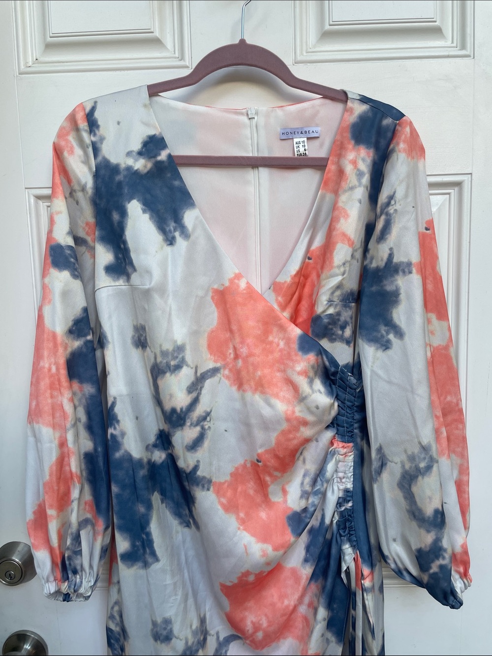 Honey & Beau Coral and Navy Tie-Dye Wrap Dress